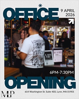 A group of people socialize inside a well-lit office or retail space. Text on the image reads "Office Opening, 9 April 2026, 6PM–7:30PM, 614 Washington St. Suite 403, Lynn, MA 01901.