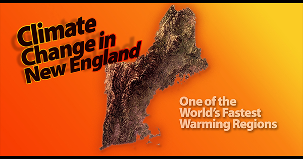 A vibrant map of New England on a glowing orange background, spotlighting Essex County's creative push for climate action together.
