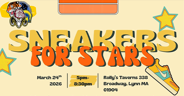 Vibrant “Sneakers for Stars” flyer with bold kicks, shining stars, and details for a lively Lynn, MA event uniting Essex County!.
