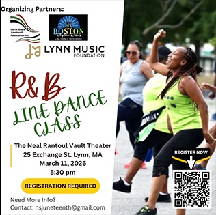 Lively flyer for Essex County’s R&B Line Dance Class, featuring a woman grooving with locals outdoors; details and signup info included.