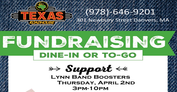 Lynn Band Boosters Texas Roadhouse flyer bursts with local pride—join Essex County for fun, food, and community support April 2!.