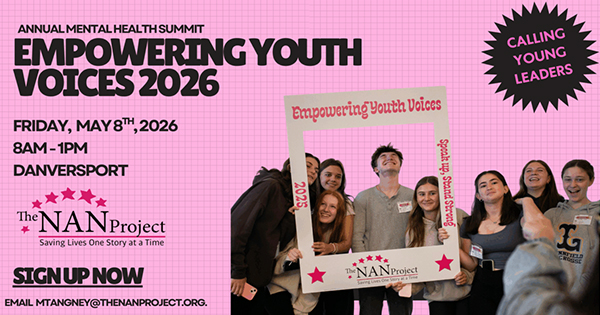 A group of smiling young people pose together holding a large photo frame at the Empowering Youth Voices 2026 event, with text advertising the Annual Mental Health Summit hosted by The NAN Project.