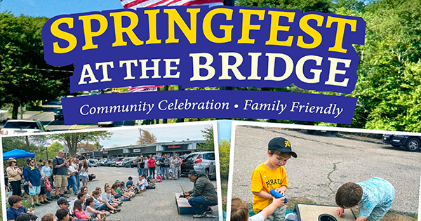Banner for "Springfest at the Bridge" with the phrases "Community Celebration" and "Family Friendly." Below, crowds watch outdoor activities, and children participate in hands-on events in a parking lot.