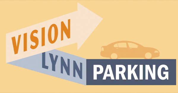 A graphic with a large arrow reading "VISION" in orange, and a parallelogram shape below reading "LYNN PARKING" in blue and white, with a silhouette of a car in the background.