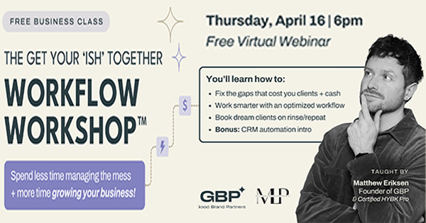 Promotional banner for a free virtual workflow workshop on April 16 at 6pm, featuring Matthew Eriksen. Text highlights webinar benefits and lists topics covered, with a photo of a man looking up on the right.