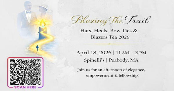Event invitation image for "Blazing The Trail: Hats, Heels, Bow Ties & Blazers Tea 2026," featuring a candle-lit path, a man and woman in formal attire, event details, and a QR code in the bottom left corner.
