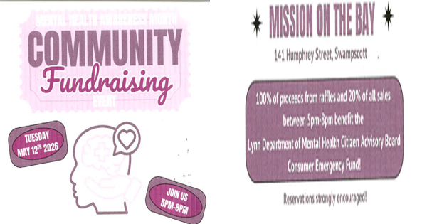A flyer for a community fundraising event on May 12, 2026, from 5 PM–8 PM at Mission on the Bay, 141 Humphrey Street, Swampscott. Proceeds benefit a mental health advisory board emergency fund. Reservations encouraged.