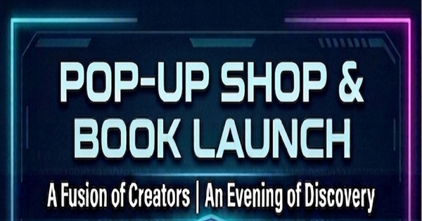 A digital graphic with the text "Pop-Up Shop & Book Launch. A Fusion of Creators | An Evening of Discovery" in bold letters on a dark background with blue and purple accents.