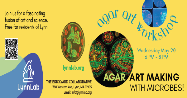 Flyer for "Agar Art Workshop" on Wednesday, May 20, 6-8 PM, at The Brickyard Collaborative, Lynn, MA. Features bright agar art images, event details, free for Lynn residents, and LynnLab contact information.