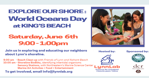 Event flyer for World Oceans Day at King's Beach on Saturday, June 6th, 9am-1pm. Includes a photo of people smiling and holding flowers, event schedule, and logos of LynnLab and supporting organizations.