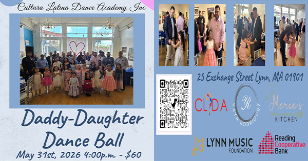 Flyer for a Daddy-Daughter Dance Ball event on May 31, 2026, at 4:00 p.m. Event price is $60. Includes photos of fathers and daughters dancing. Logos, QR code, and venue info are also displayed.