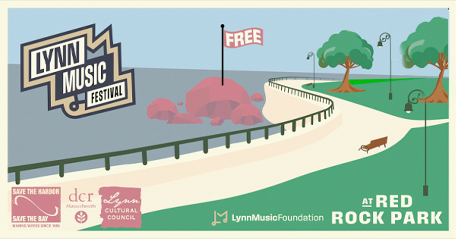Illustrated poster for the Lynn Music Festival at Red Rock Park, featuring a curved pathway by the water, rocks, trees, a “FREE” sign, and sponsor logos at the bottom.