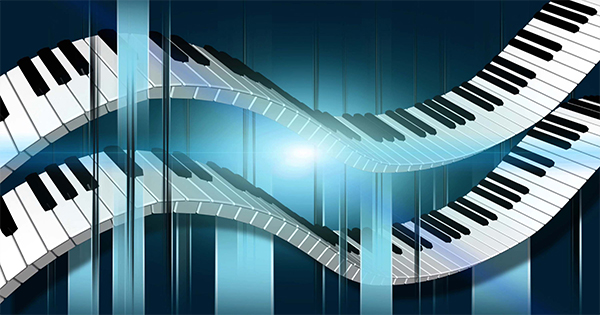 Abstract digital art featuring two wavy piano keyboards crossing over each other on a blue gradient background with vertical light streaks and a bright light at the center.