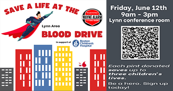 A promotional flyer for the Lynn Area Blood Drive features a superhero flying above colorful city buildings, event details, a QR code, and Boston Children’s Hospital logo, with a note about saving up to three children's lives per pint.