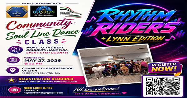 Flyer for the "Rhythm Riders Lynn Edition" Community Soul Line Dance Class on May 27, 2026, 6 PM at Community Brotherhood of Lynn with a group dance photo, QR code, and registration information.