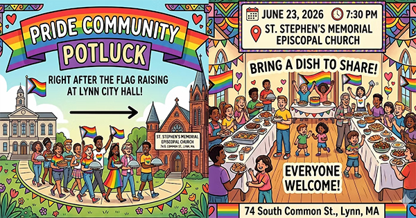 Illustrated flyer for a Pride Community Potluck showing people with rainbow flags walking towards St. Stephen’s Memorial Episcopal Church. Details include event time, location, and invitation to bring a dish and join.