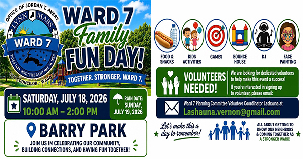 A flyer for Ward 7 Family Fun Day at Barry Park on Saturday, July 18, 2026, from 10:00 AM to 2:00 PM. Features event details, activities like food, games, bounce house, face painting, and a call for volunteers.