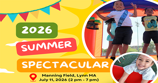 Colorful flyer for "2026 Summer Spectacular" at Manning Field, Lynn, MA on July 11, 2026, from 2 pm to 7 pm, featuring children playing in an inflatable bounce house and event details.