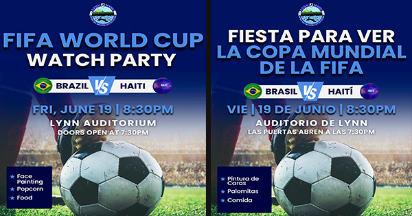 Two side-by-side event flyers for a FIFA World Cup watch party. One is in English, the other in Spanish. Both show Brazil vs. Haiti, event details, a soccer ball, and icons for face painting, popcorn, and food.