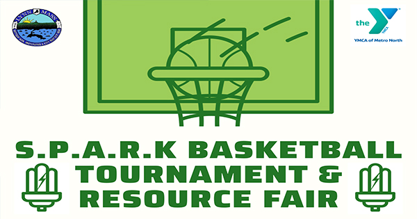 A green graphic of a basketball hoop and backboard with text: “S.P.A.R.K Basketball Tournament & Resource Fair.” Logos for the City of Lynn, MA and YMCA of Metro North are in the top corners.