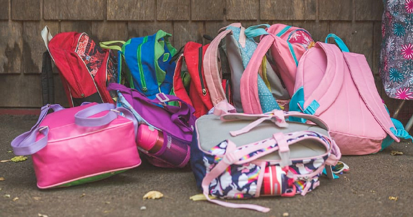 A group of colorful backpacks and bags is placed on the ground in front of a wooden wall. The bags vary in color, including pink, red, blue, and green. Some are upright while others are lying down.