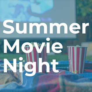 Two striped popcorn containers on a blanket outside with a projector screen in the background. The text "Summer Movie Night" is written in bold white letters over the image.