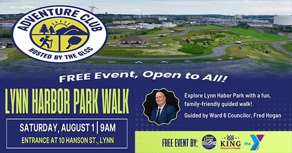 A promotional image for the Lynn Harbor Park Walk event. Text includes event details, sponsors, and a photo of a person. The background shows a walking path by water, green fields, and the Adventure Club logo.