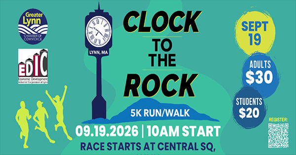 Event poster for “Clock to the Rock 5K Run/Walk” on September 19, 2026, at 10 a.m., starting at Central Square. Adult entry is $30, student entry is $20. Includes clock tower, runner silhouettes, and sponsor logos.
