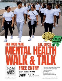 A diverse group of people wearing white shirts and walking together along a waterfront path. The poster promotes a Mental Health Walk & Talk event at Red Rock Park, with free entry, starting at 10AM on August 22. Event details and QR code are included.