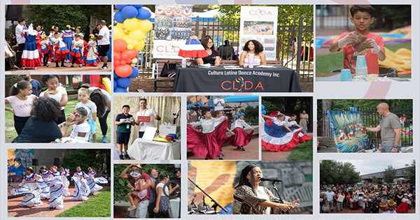 A collage of photos shows people at a cultural festival, including dancers in traditional costumes, musicians, crafts, an information booth, and crowds outdoors. Decorations, flags, and performances highlight Latin American heritage throughout the event.
