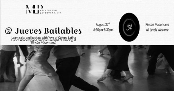 A promotional flyer for “Jueves Bailables” with event details, including date, time, location, and description. The background features a grayscale photo of people dancing, focusing on a couple’s legs in motion. Text and circular logos appear above the image.