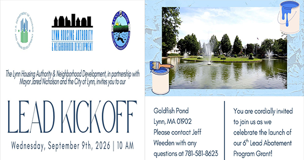 An invitation graphic for the Lead Kickoff event at Goldfish Pond, Lynn, MA, on September 9, 2026, at 10 AM. Includes sponsor logos, a pond with a fountain and trees, contact info, and a note about the Lead Abatement Program Grant launch.