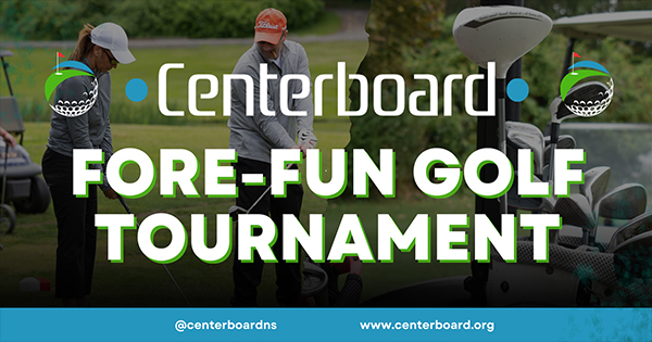 Banner for Centerboard’s Fore-Fun Golf Tournament shows two golfers on a course, the Centerboard logo, and website and social media information at the bottom.