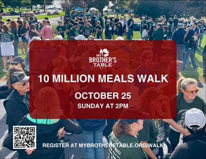 A group of people in casual clothes gather outdoors in a park for the “10 Million Meals Walk,” scheduled for October 25, Sunday at 2PM. Event details and a QR code appear over the image. Registration info is shown at the bottom.