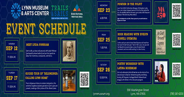Lynn Museum & Arts Center event schedule listing dates, event titles, descriptions, and images for September events, including lectures, guided tours, book readings, and workshops. Blue, yellow, and green color scheme with museum contact info at bottom.