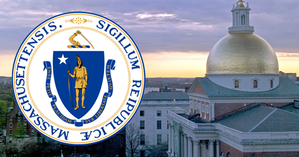 The Massachusetts state seal is overlaid on a photo of the Massachusetts State House, which features a gold dome, a white cupola, and a brick facade, with a cityscape in the background at dusk.