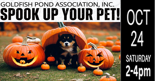A puppy sits under a large pumpkin surrounded by jack-o’-lanterns, with text reading “Goldfish Pond Association, Inc. Spook Up Your Pet! Oct 24 Saturday 2-4pm.”