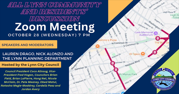 Announcement for an All Lynn Community and Residents’ Zoom Meeting on October 28 at 7 p.m., featuring a map of Lynn and a list of speakers, moderators, and the Lynn City Council hosts.
