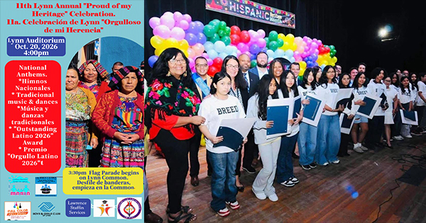 A digital flyer for the 11th Lynn Annual “Proud of my Heritage” Celebration on October 20, 2026, featuring photos of event participants in traditional attire and a group of students holding folders on stage.