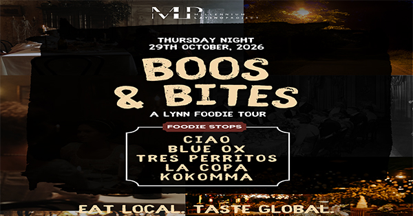 Event poster for “Boos & Bites: A Lynn Foodie Tour” on Thursday, October 29th, 2026, listing restaurant stops Ciao, Blue Ox, Tres Perritos, La Copa, and Kokomma.