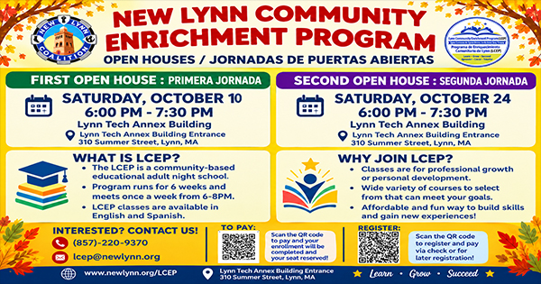 Event flyer for the New Lynn Community Enrichment Program detailing two open house dates in October, program information, contact details, and QR codes for payment and registration.