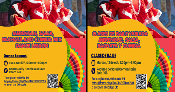 Flyer for a dance lesson in English and Spanish on October 13th from 5:00pm to 6:00pm at the Community Health Resource Room 108, including a registration link and QR code.