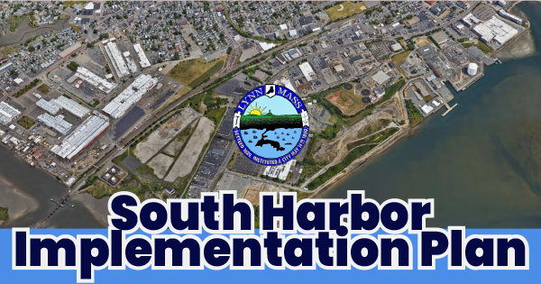 Aerial view of the Lynn, Massachusetts waterfront with the city seal superimposed and the text “South Harbor Implementation Plan.”.