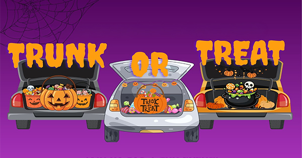 Graphic for a Trunk or Treat event showing three car trunks filled with Halloween candy, pumpkins, and a cauldron.