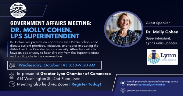 Announcement for a Greater Lynn Chamber of Commerce government affairs meeting with Superintendent Dr. Molly Cohen on October 14 from 8:30–9:30 AM, held in-person and via Zoom.