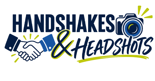 Logo for “Handshakes & Headshots” featuring a stylized handshake icon and a camera icon.